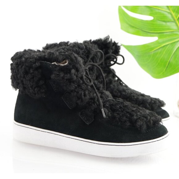 Vionic Womens Oak Boots Size 9 Black Suede Sherpa Lace Up Booties Sneaker Shoes - Picture 1 of 12